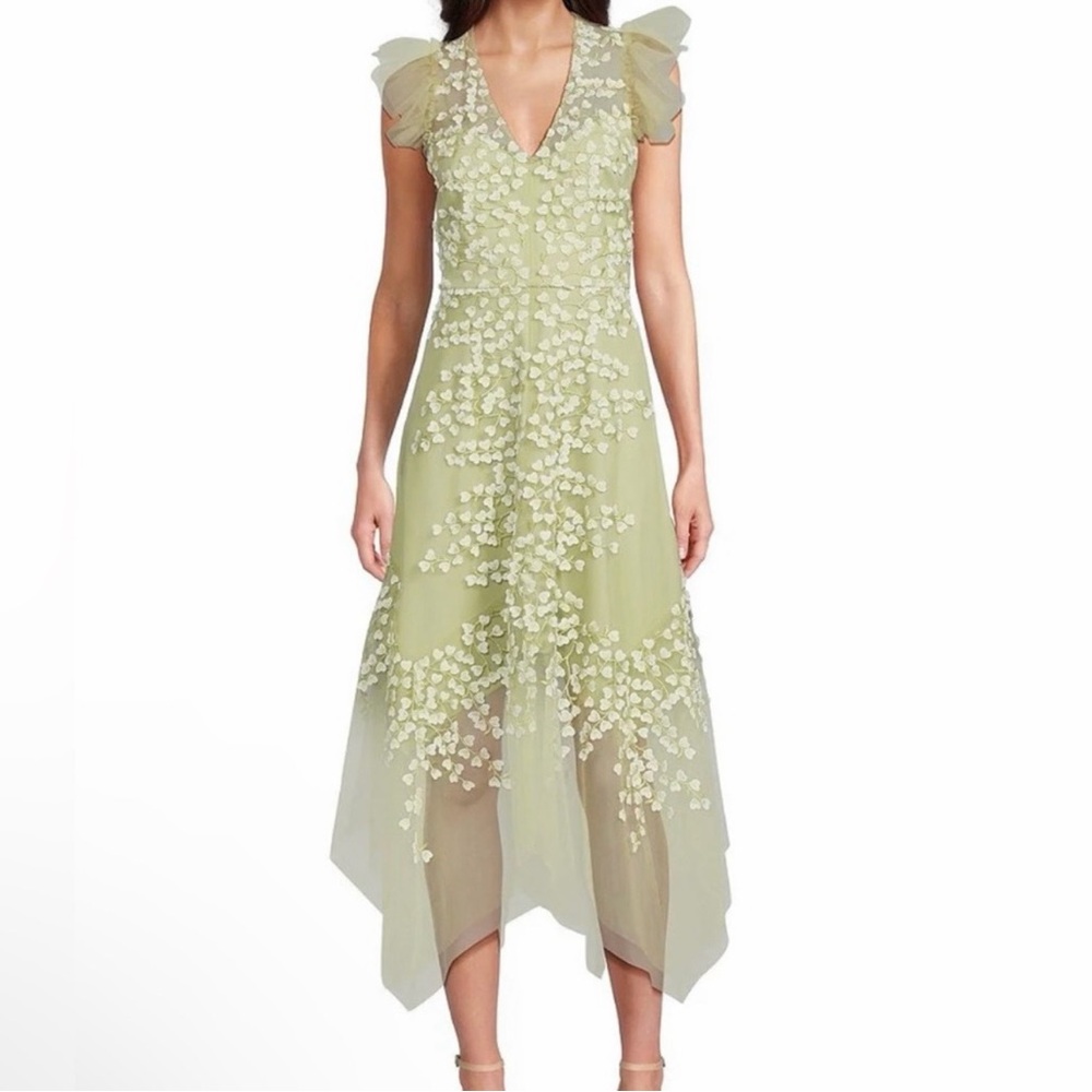 Alex Marie Pale Green Asymmetrical Floral Appliqué Dress
